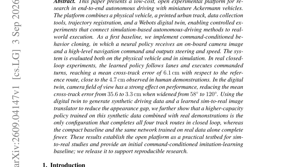 A Low-Cost, Open Platform for End-to-End Autonomous Driving on a Miniature Ackermann Vehicle