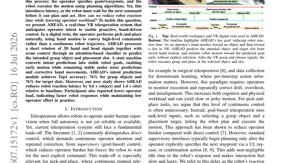 AHEAD: Anticipatory Hand-Driven Teleoperation via Human Intent Prediction