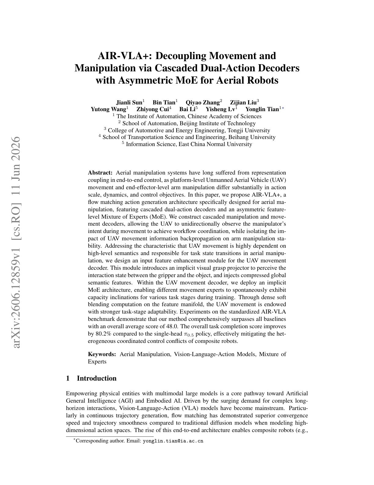 AIR-VLA+: Decoupling Movement and Manipulation via Cascaded Dual-Action Decoders with Asymmetric MoE for Aerial Robots