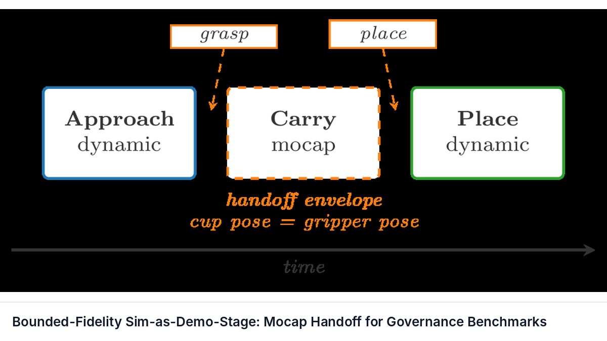 Bounded-Fidelity Sim-as-Demo-Stage: Mocap Handoff for Governance Benchmarks