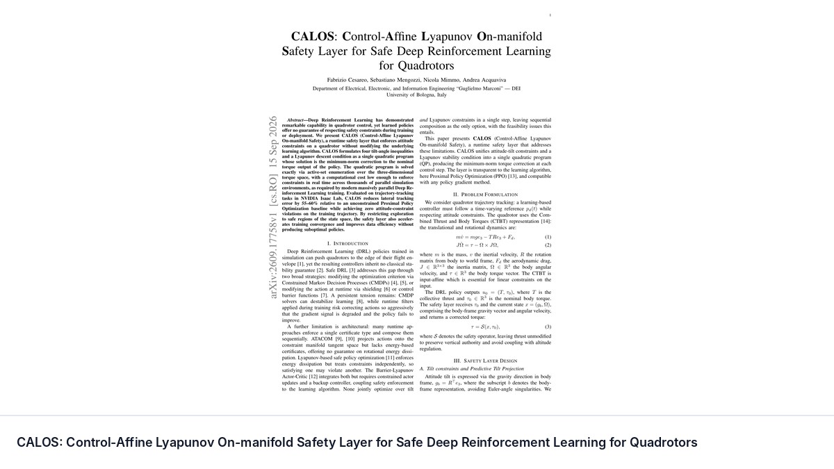 CALOS: Control-Affine Lyapunov On-manifold Safety Layer for Safe Deep Reinforcement Learning for Quadrotors