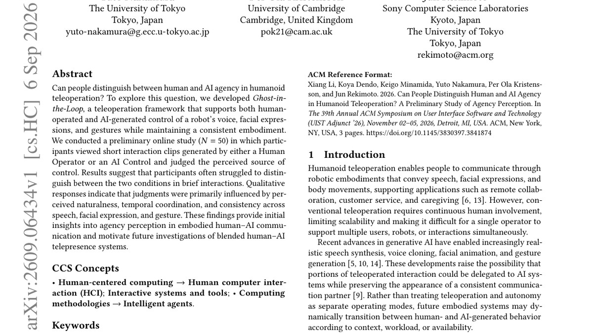 Can People Distinguish Human and AI Agency in Humanoid Teleoperation? A Preliminary Study of Agency Perception