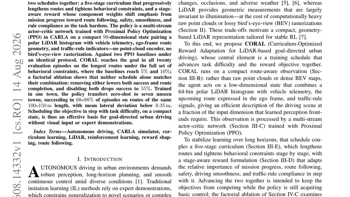 CORAL: Curriculum-Optimized Reward Adaptation for LiDAR-Based Goal-Directed Urban Driving