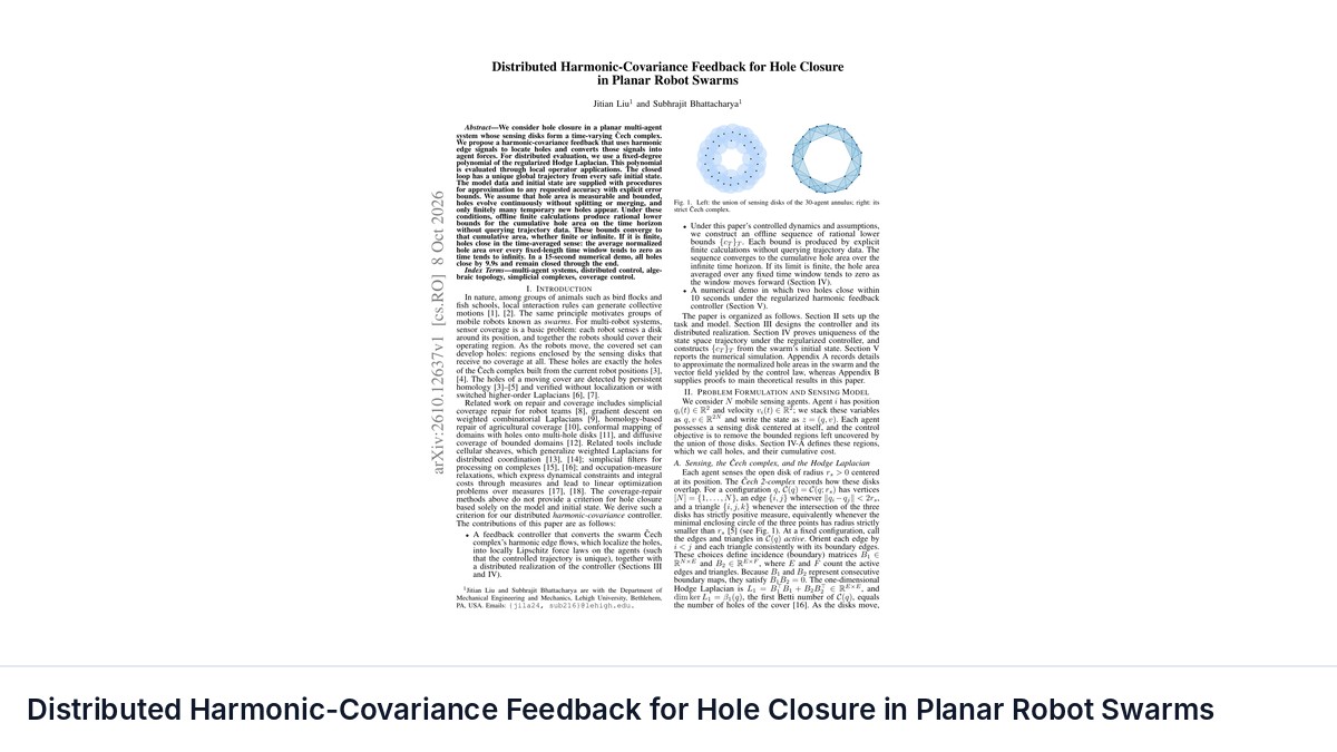 Distributed Harmonic-Covariance Feedback for Hole Closure in Planar Robot Swarms