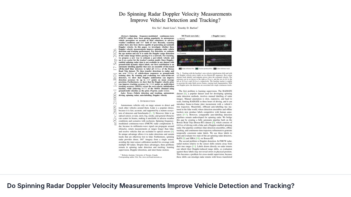 Do Spinning Radar Doppler Velocity Measurements Improve Vehicle Detection and Tracking?