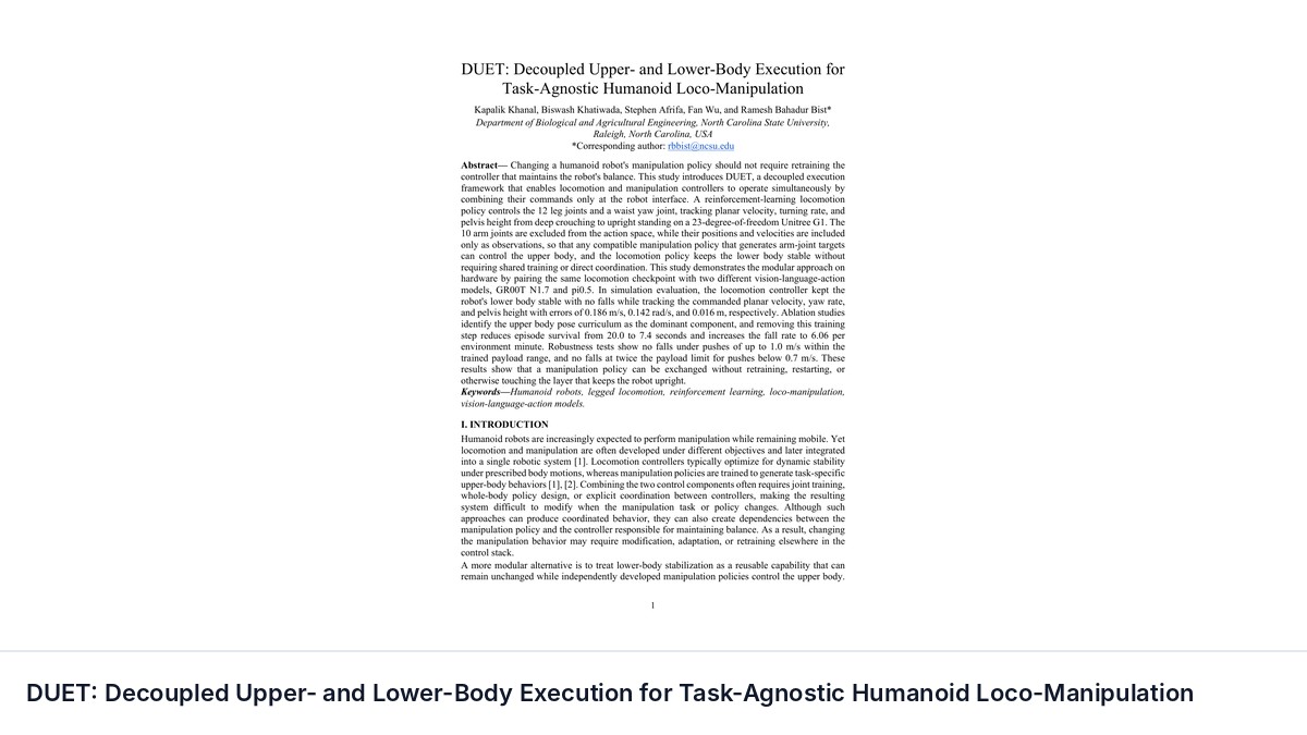 DUET: Decoupled Upper- and Lower-Body Execution for Task-Agnostic Humanoid Loco-Manipulation