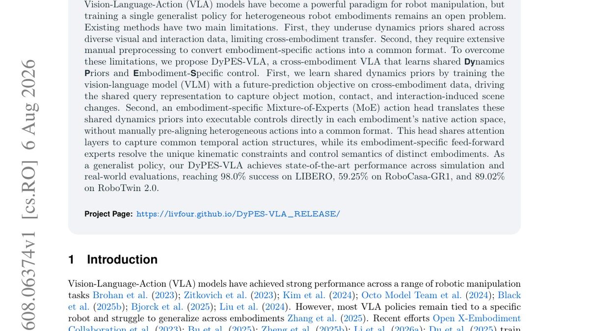 DyPES-VLA: Learning Shared Dynamics Priors and Embodiment-Specific Control for Cross-Embodiment Manipulation