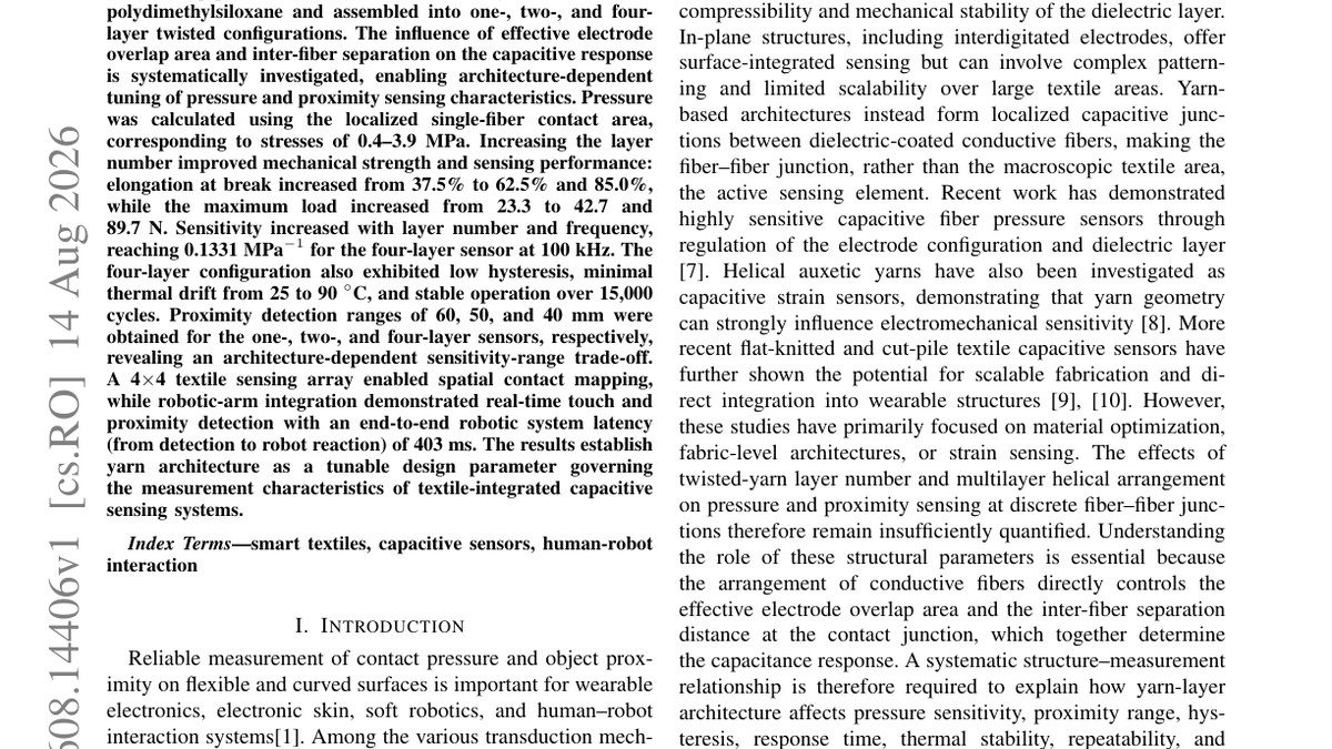 Effect of Twisted-Yarn Architecture on Pressure and Proximity Sensing Characteristics of Textile Capacitive Sensors for Robotic Skin
