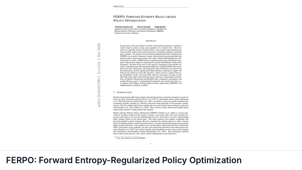 FERPO: Forward Entropy-Regularized Policy Optimization