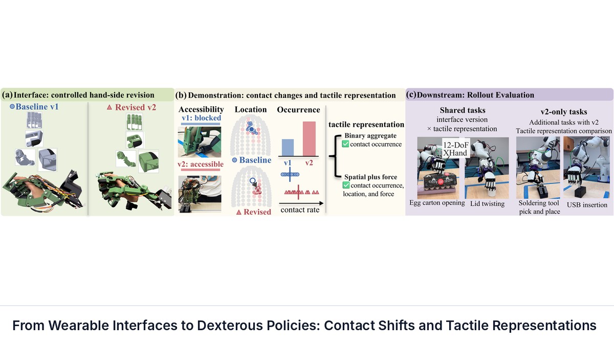 From Wearable Interfaces to Dexterous Policies: Contact Shifts and Tactile Representations