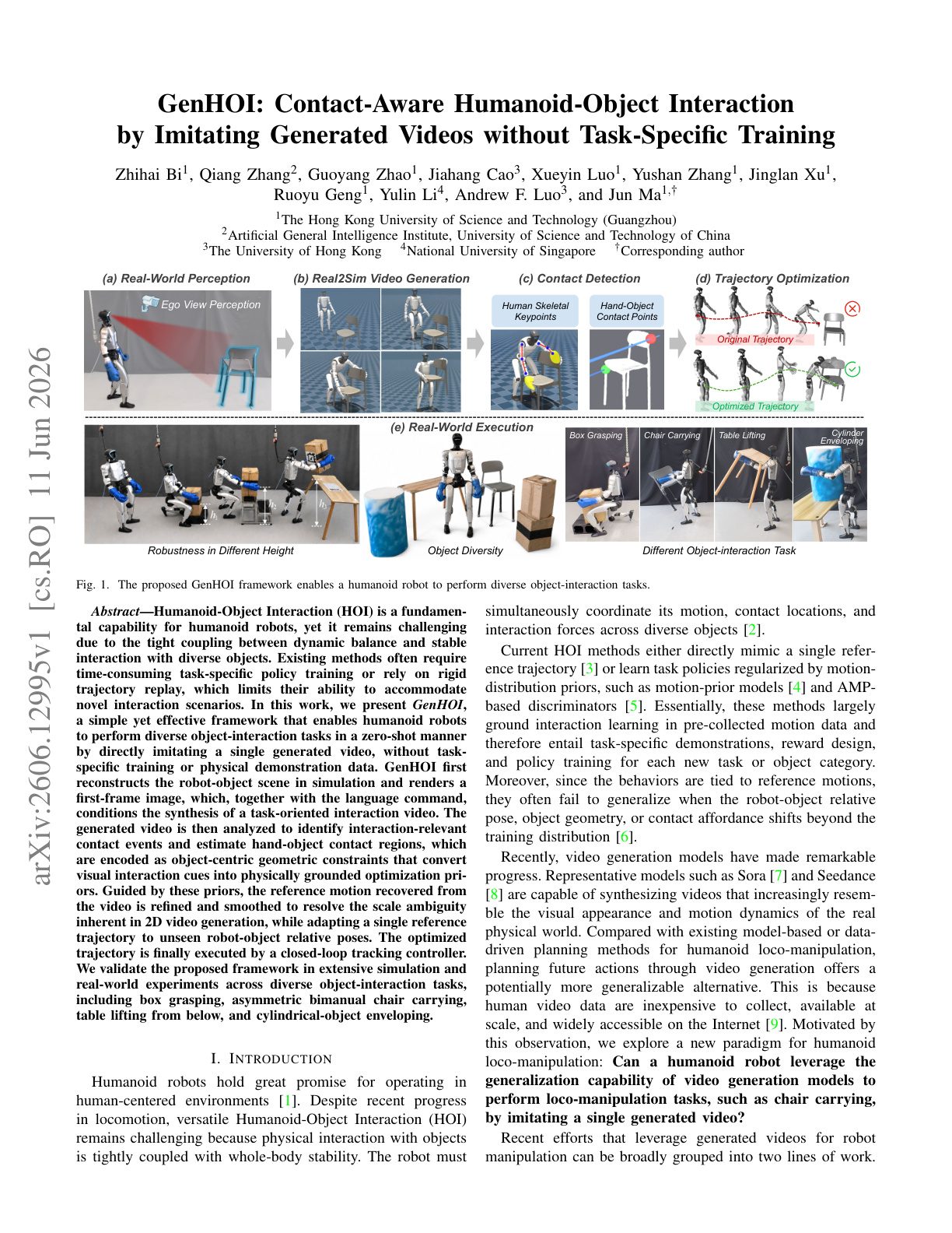 GenHOI: Contact-Aware Humanoid-Object Interaction by Imitating Generated Videos without Task-Specific Training