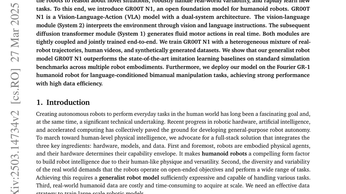 GR00T N1: An Open Foundation Model for Generalist Humanoid Robots
