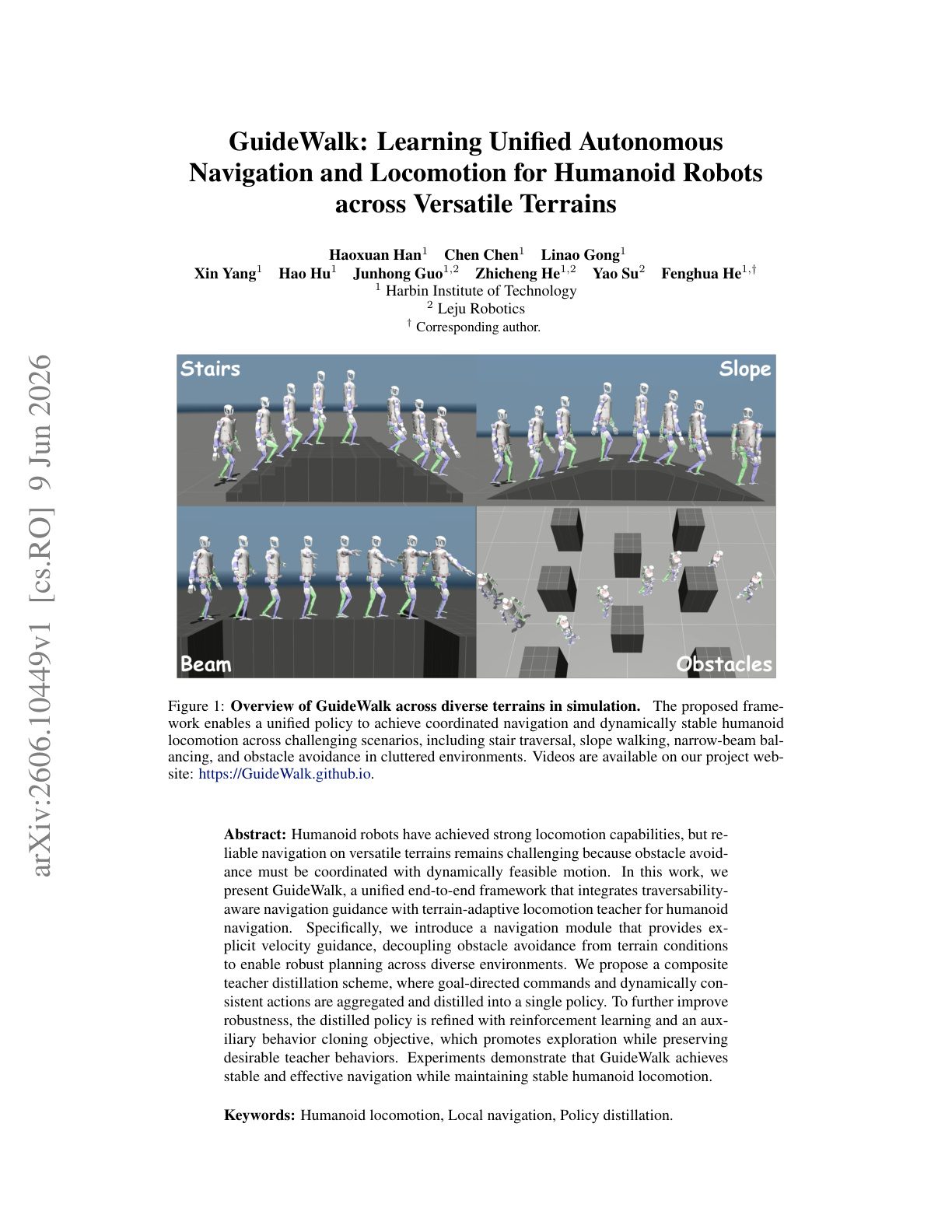 GuideWalk: Learning Unified Autonomous Navigation and Locomotion for Humanoid Robots across Versatile Terrains