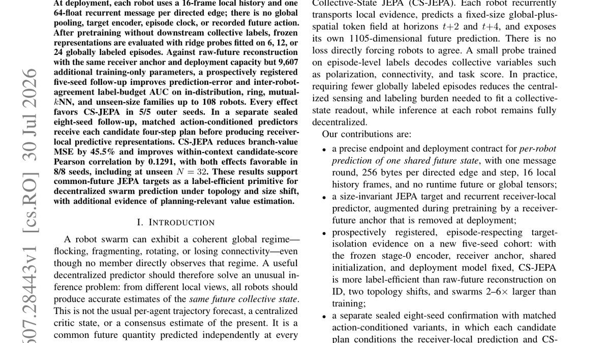 One Future, Every Robot: Label-Efficient Collective-State Prediction with Decentralized JEPA