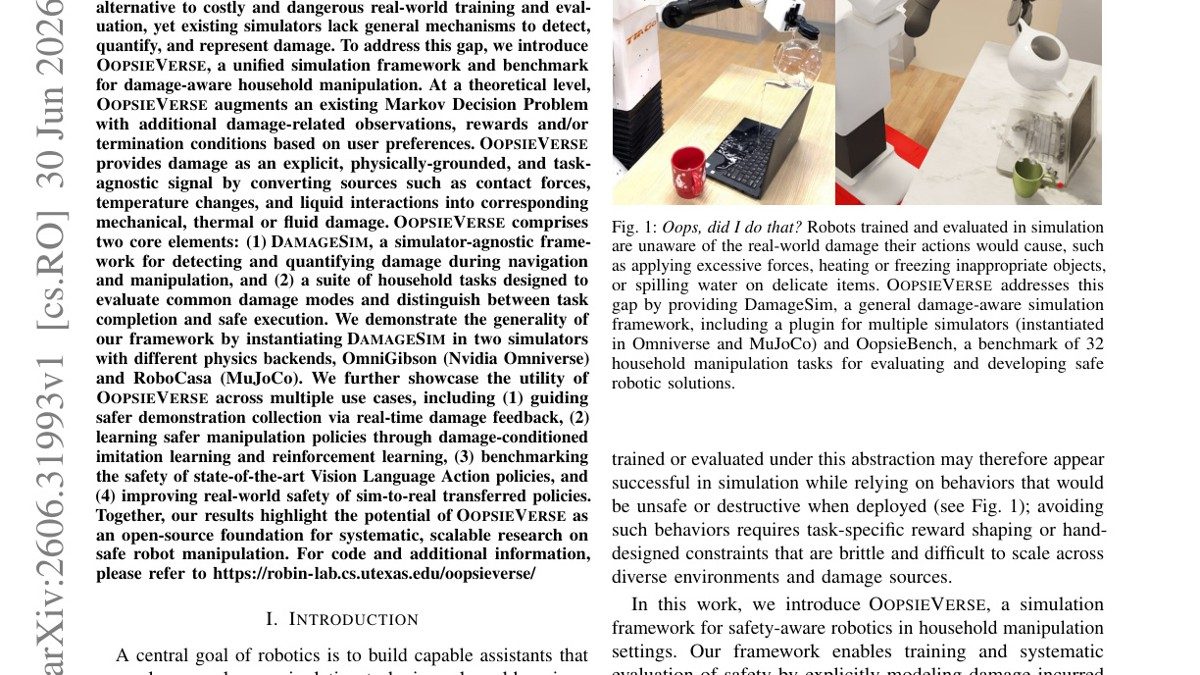 OopsieVerse: A Safety Benchmark with Damage-Aware Simulation for Robot Manipulation