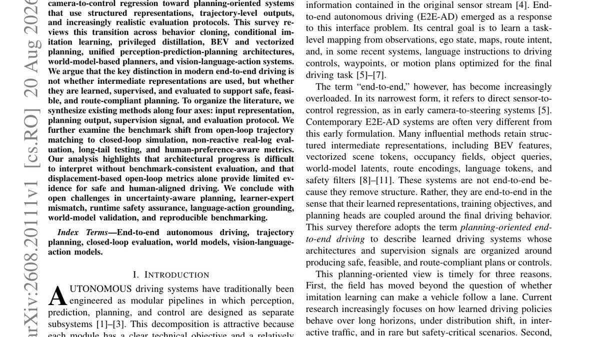 Planning-Oriented End-to-End Autonomous Driving: Architectures, Evaluation, and Emerging Paradigms
