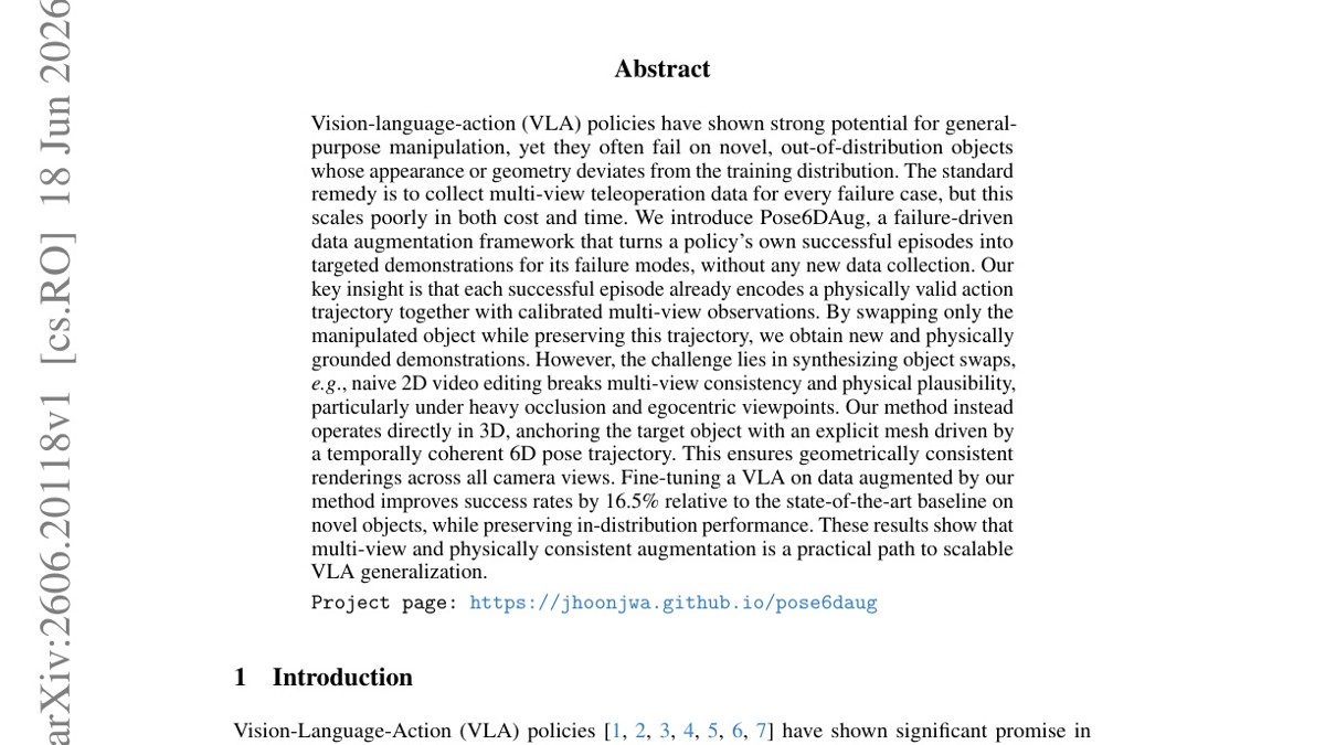 Pose6DAug: Physically Plausible Multi-view Object Swapping for Robot Data Augmentation