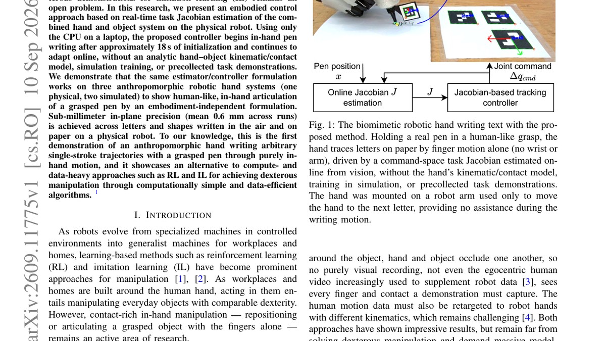 Rapid Learning of Dexterous In-Hand Pen Writing through Real-Time Jacobian Estimation