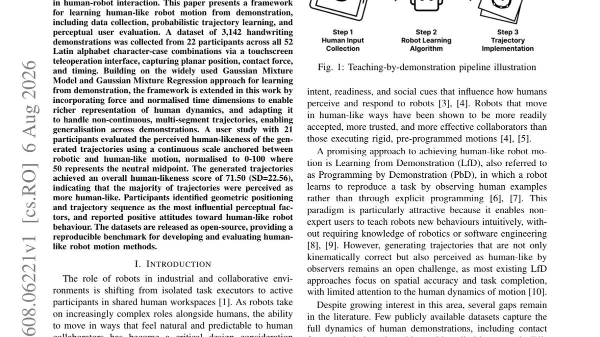 Robot Learning from Human Demonstrations: Handwritten Alphabet Trajectories and Human-Likeness Evaluation