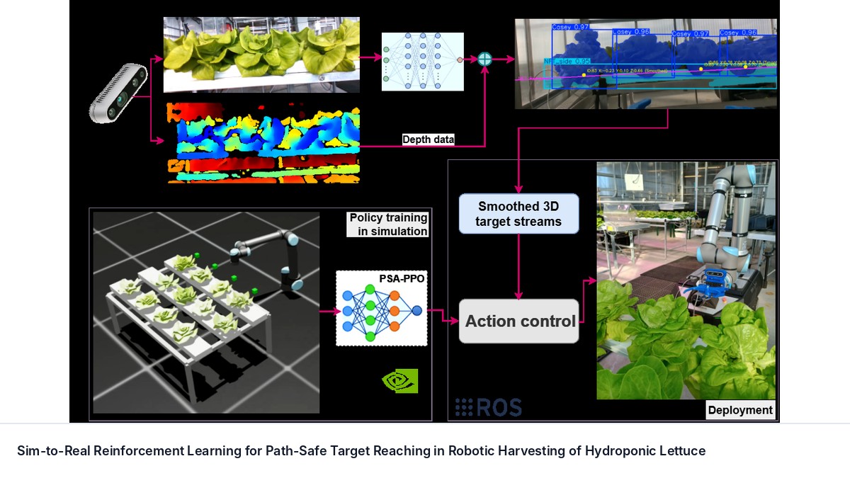 Sim-to-Real Reinforcement Learning for Path-Safe Target Reaching in Robotic Harvesting of Hydroponic Lettuce