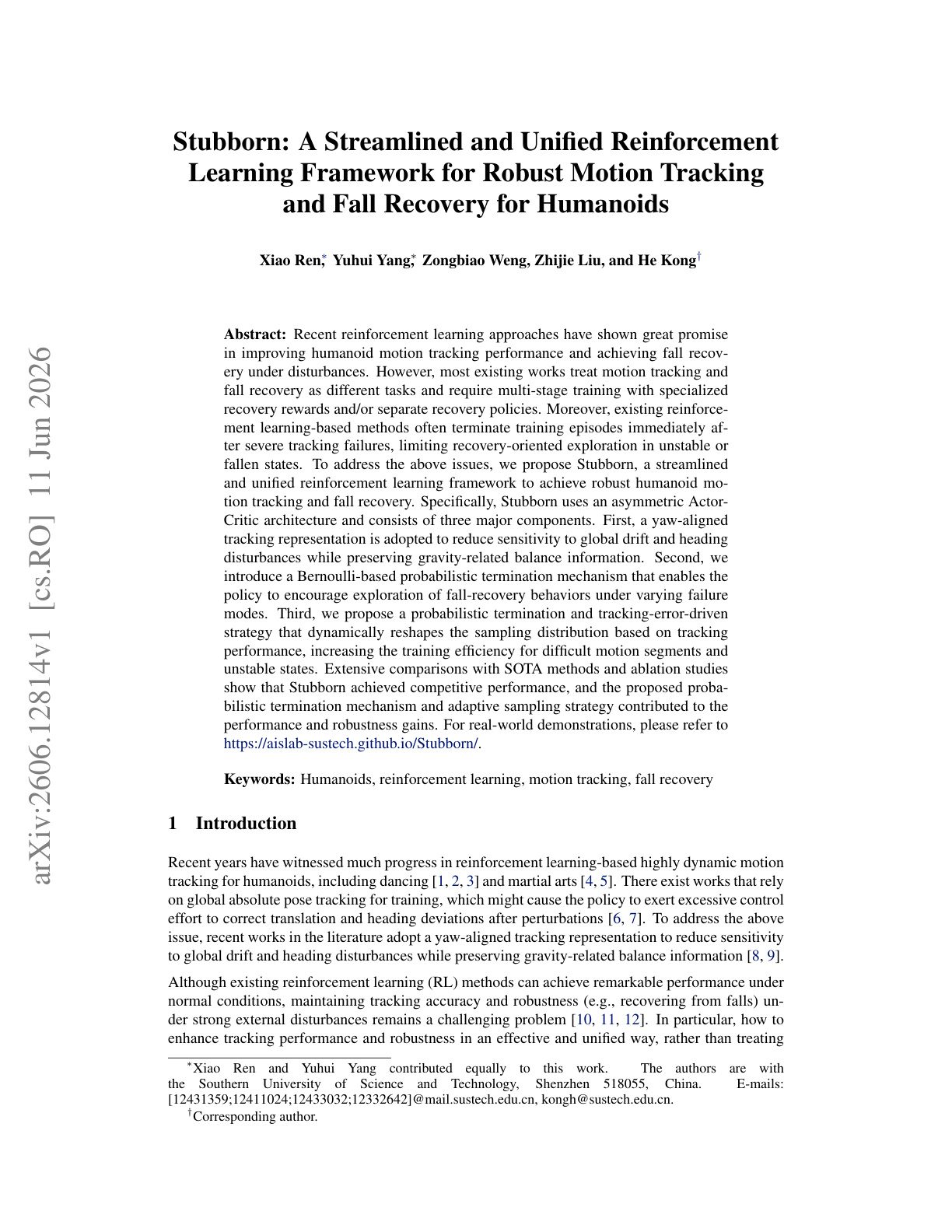 Stubborn: A Streamlined and Unified Reinforcement Learning Framework for Robust Motion Tracking and Fall Recovery for Humanoids