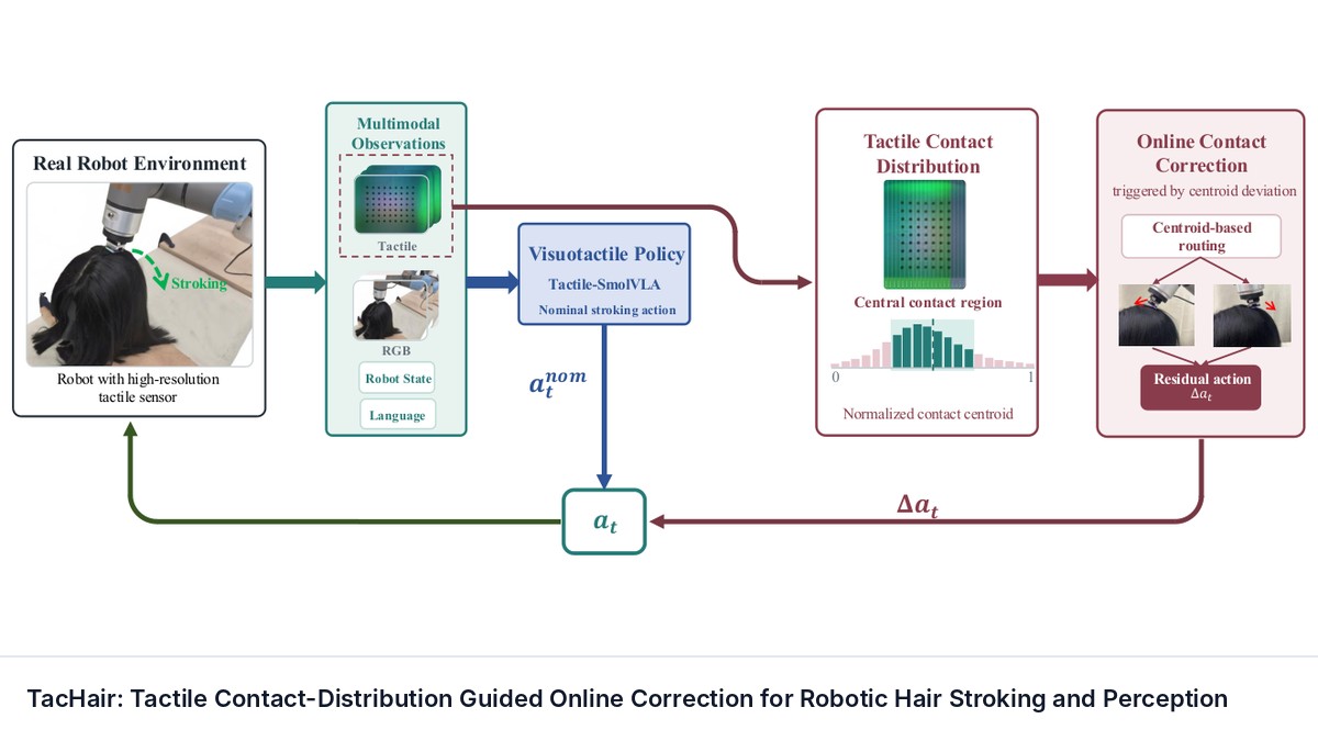 TacHair: Tactile Contact-Distribution Guided Online Correction for Robotic Hair Stroking and Perception