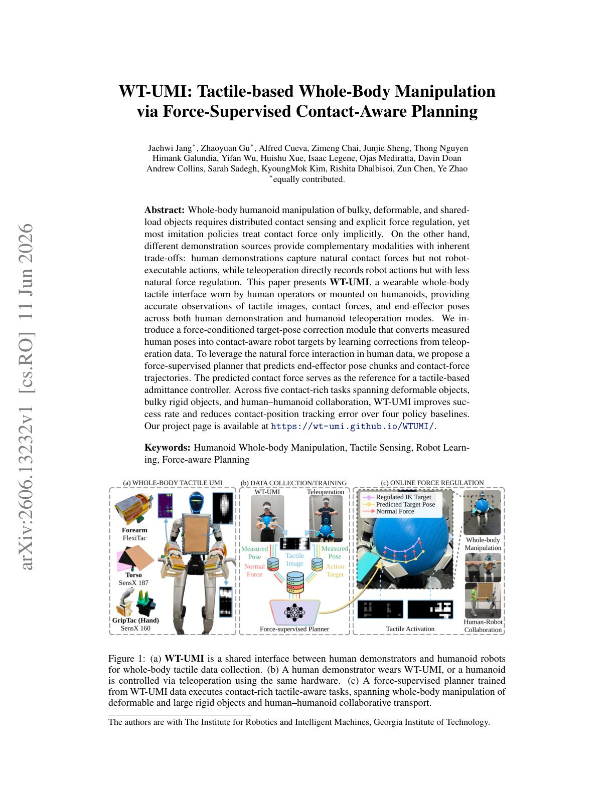 WT-UMI: Tactile-based Whole-Body Manipulation via Force-Supervised Contact-Aware Planning